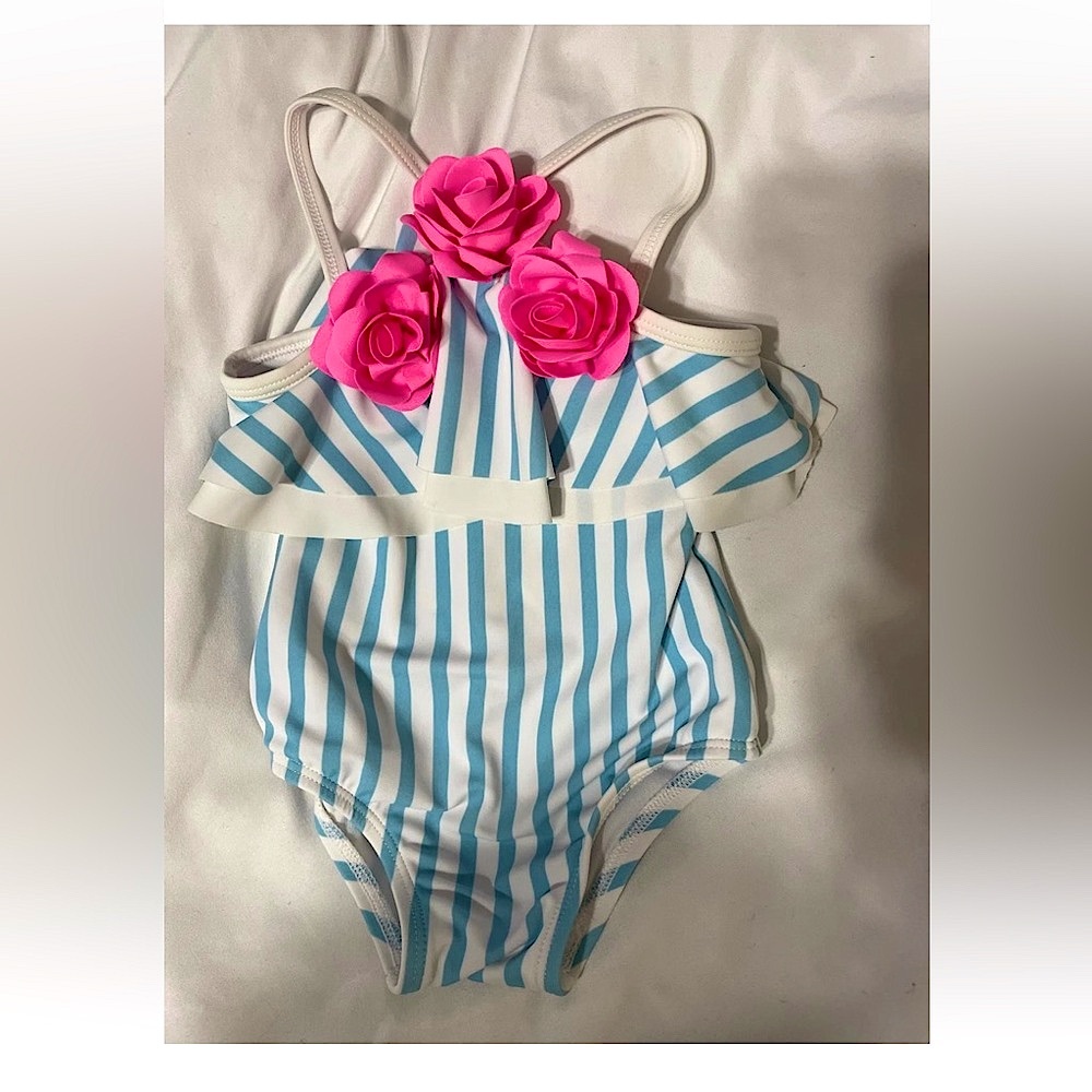 EUC Janie and Jack striped floral girl swimsuit pink blue size 12-18 months